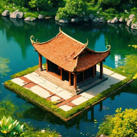 (masterpiece,best quality:1.5), 3D character, building, isometric, Vietnam temple, (water, lotus:1,2), (outdoor temple:1.2), from above, <lora:Dinhlang2:0.65>, transparent background, <lora:3dcharacter:0.5>