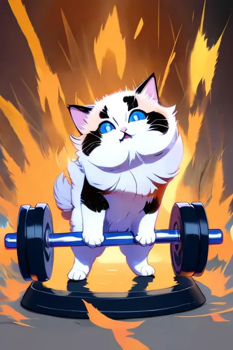 <lora:DBKiCharge:0.9>,Ki Charge,aura,fighting stance,1Plump cute Kitten,standing behand Barbell,Animal Focus,no human,ragdoll,<lora:Ragdoll_20230617183921-000004:0.6>,Depth of field,
