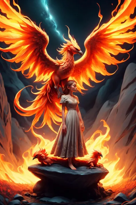 A girl wearing a long dress danced and performed a prayer ritual in front of a giant stone gate,a giant fire phoenix lurked in the sky,(Phoenix of Sora:1.2) ,<lora:PhoenixSora:0.7>,
very long hair,sword,wide_shot,<lora:add_detail:0.6>,a rocky cliff,
mythology,fantasy,drama,dreams,detail,(flower) ,<lora:GPTS4 dreamwave full_478773:0.3>,<lora:GoodHands-beta2:0.9>,