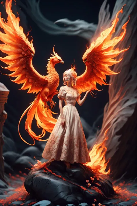 A girl wearing a long dress danced and performed a prayer ritual in front of a giant stone gate,a giant fire phoenix lurked in the sky,(Phoenix of Sora:1.2),<lora:PhoenixSora:0.7>,
very long hair,sword,wide_shot,<lora:add_detail:0.6>,a rocky cliff,
mythology,fantasy,drama,dreams,detail,(flower),<lora:GPTS4 dreamwave full_478773:0.3>,<lora:GoodHands-beta2:0.9>,<lora:irene_v70:0.6>,