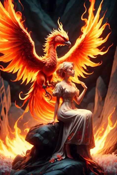 A girl wearing a long dress danced and performed a prayer ritual in front of a giant stone gate,a giant fire phoenix lurked in the sky,(Phoenix of Sora:1.2) ,<lora:PhoenixSora:0.7>,
very long hair,sword,wide_shot,<lora:add_detail:0.6>,a rocky cliff,
mythology,fantasy,drama,dreams,detail,(flower) ,<lora:GPTS4 dreamwave full_478773:0.3>,<lora:GoodHands-beta2:0.9>,