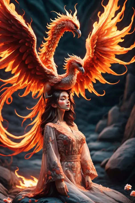 A girl wearing a long dress danced and performed a prayer ritual in front of a giant stone gate,a giant fire phoenix lurked in the sky,(Phoenix of Sora:1.2),<lora:PhoenixSora:0.7>,
very long hair,sword,wide_shot,<lora:add_detail:0.6>,a rocky cliff,
mythology,fantasy,drama,dreams,detail,(flower),<lora:GPTS4 dreamwave full_478773:0.3>,<lora:GoodHands-beta2:0.9>,<lora:irene_v70:0.6>,