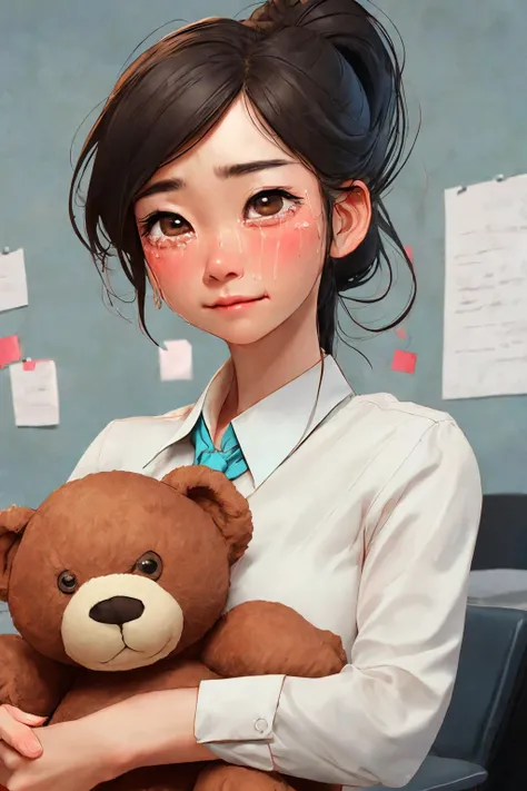 close-up photo portrait of a 30 yo asian woman, black ponytail, brown eyes, crying face expression, blush, shirt, tie, office lady, holding teddy bear, simple background