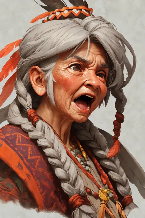 close-up photo portrait of a 100 yo old native american woman, grey hair, brown eyes, screaming face expression, twin braids, warbonnet, feathers, tribal, simple background