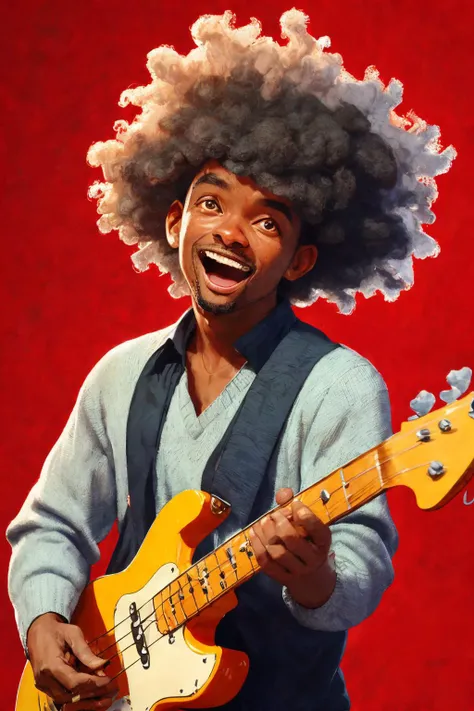 close-up photo portrait of a 45 yo african man, black afro hair, stubble, brown eyes, excited face expression, singing, red bass guitar, blue sweater, black bluesman, simple background