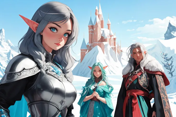 masterpiece,. best quality, 2girls and a (1guy:1.4), BREAK, right is an old wrinkled male human warrior in plate armor with grey hair, BREAK, in the middle is a human female wizard in a black lace robe with black hair, BREAK, right is a female wood elf with green hair in brown buttoned leather dress , long hair , red fingernails, BREAK, (intricate:1.2) , bokeh, Frozen Citadel, A fortress carved into a glacier, home to frost giants who command icy magic and guard a frozen artifact of legendary potential, high angle, upper body , god rays, posing, hourglass body, <lora:GoodHands-beta2:0.97>