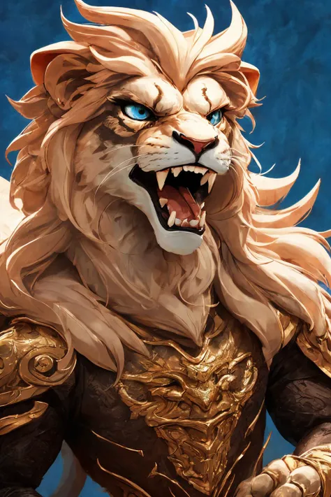 close-up photo portrait of a great red lion, blue eyes, very long lion's mane, roaring, open mouth, fangs, animal, no humans, simple background