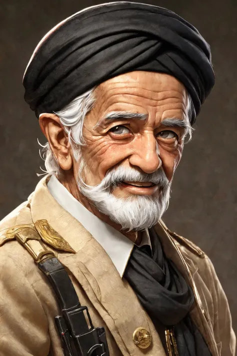 close-up photo portrait of a 80 yo aged Arab man, short grey hair, beard, black eyes, joyful face expression, turban, holding ak-47, military, simple background