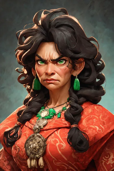 close-up photo portrait of a 60 yo samoan woman, black long curly hair, green eyes, angry face expression, chest red huge gem, necklace, chieftain, traditional, simple background
