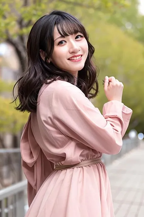 Best-quality, Masterpiece, Ultra-High-Resolution, (Photorealistic:1.4), Raw-Photo, cowboy-shot, leaning forward, upturned ass, 1girl, 15-years-old, the most famous Japanese-idol, wearing light-pink casual-dress with cute patterned and long-sleeves, (extremely cute face like the most popular Japanese idol, ((extremely cute big-eyes)), extremely cute very-short-cut-haired, extremely beautiful skins), extremely beautiful skinny-body, innocent-smile