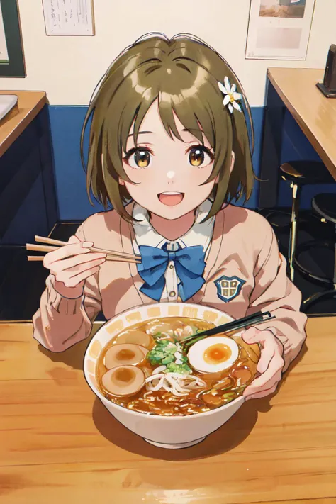 mimura kanako, (best quality, masterpiece, RAW photo,ultra-detailed:1.2), <lyco:GoodHands-beta2:1.0>,1girl,solo,looking at viewer,smile, open mouth,
<lyco:idolmaster_cg_mimura-11:0.8> hair flower, school uniform, cardigan,<lyco:ramen_v1.4:1.0> ramen, chopsticks.eating, table, sitting, front view, from above,