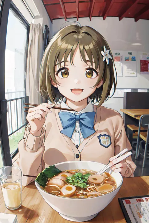 mimura kanako, (best quality, masterpiece, RAW photo,ultra-detailed:1.2), <lyco:GoodHands-beta2:1.0>,1girl,solo,looking at viewer,smile, open mouth,
<lyco:idolmaster_cg_mimura-11:0.75> hair flower, school uniform, cardigan,<lyco:ramen_v1.4:1.0> ramen, chopsticks.eating, table, sitting, front view, from below,