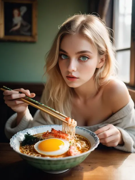 (2 girls) (two 18 y.o Swedish girls mysterious slender beautiful stunning alluring shy),<lora:ramen_v1.4:0.8> holding chopsticks, eating ramen, multiple large bowls of steamy:1.5 steaming gigantic bowls of crab leg lobster ramen, sweaty oily skin, subtle smirk,looking directly at camera, perfect slender face,narrow jaw,best quality, professional lighting, super detailed, realistic,steamy delicious huge bowls of octopus lobster claw fried egg nori in ornate fine porcelain bowls, upper body,beautiful detailed green eyes,golden long blonde hair,blonde eyebrows, smoky eyeshadow, wearing white lacey string transparent translucent tubetops,bare shoulders, sunburnt faces, , rustic wooden table top, fancy museum with paintings on walls, bokeh, strong sunlight from window,(snowing outside window):1.3,blizzard outside window,God rays, backlit hair, 2000s vintage RAW photo, photorealistic, film grain, candid camera, color graded cinematic, eye catchlights, atmospheric lighting, macro shot, skin pores, imperfections, natural, shallow dof