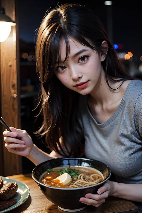 ((best quality)), ((masterpiece)), (detailed), 1girl, eating some traditional food, with background bright light of big moon