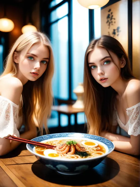 (two 18 y.o mysterious slender beautiful ladies slurping eating ramen noodles eating delicious octopus tentacles), holding chopsticks, eating ramen, multiple large ramen ornate fine porcelain bowls of boiling hot steamy steaming gigantic bowls of ramen noodle soup topped with delicious octopus tentacle fried egg nori enoki mushrooms in ornate fine porcelain bowls, , sweaty oily skin, subtle smirk,looking down at camera, perfect slender face,narrow jaw,best quality, professional lighting, super detailed, realistic, upper body,two beautiful Swedish girls beautiful stunning alluring,shy,beautiful detailed green eyes,golden long blonde hair,blonde eyebrows, smoky eyeshadow, wearing white lacey string transparent translucent tubetops,bare shoulders, sunburnt faces, <lora:ramen_v1.4:0.8>, rustic wooden table top, fancy museum with paintings on walls, bokeh, strong sunlight from window,(snowing outside window):1.3,blizzard outside window,God rays, backlit hair, 2000s vintage RAW photo, photorealistic, film grain, candid camera, color graded cinematic, eye catchlights, atmospheric lighting, macro shot, skin pores, imperfections, natural, shallow dof