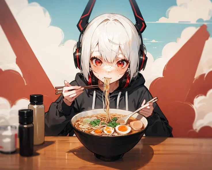 sky blue hoodie, sneakers, ramen, chopsticks, eating, <lora:ramen_v1.4:1> looking at viewer,, 1girl, short hair, white hair, red eyes, freckles, headphones,
