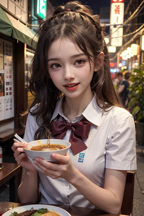 (masterpiece), best quality, ultra high res, close up, slim body, 1girl, school uniform, long hair, laughing, ramen, night, Tokyo restaurant background, outdoors, colorful lights, photon mapping, radiosity, physically-based rendering, cinematic lighting, intricate, High Detail, Sharp focus, dramatic, photorealistic