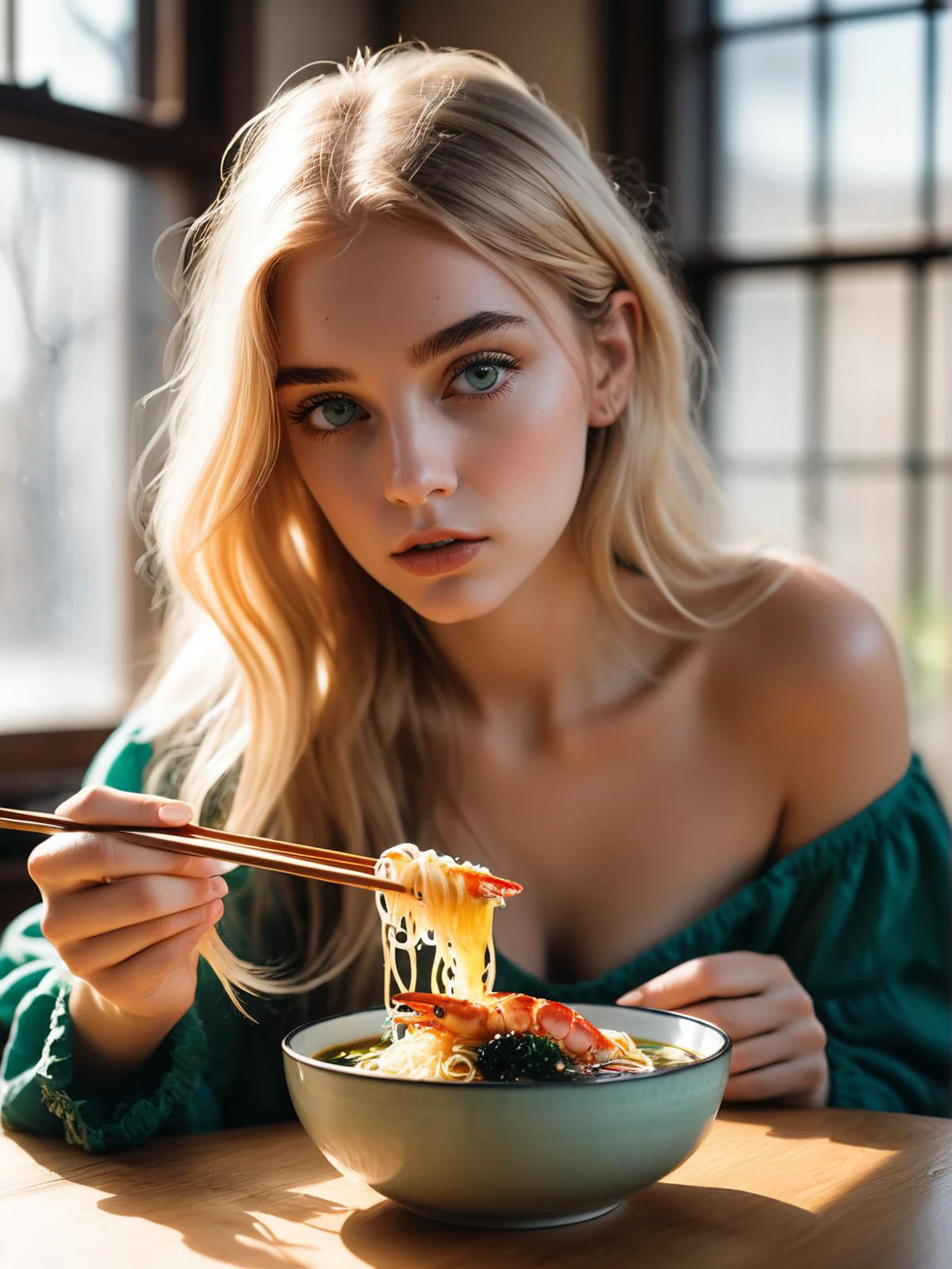 (2 girls) (two 18 y.o Swedish girls mysterious slender beautiful stunning alluring shy),<lora:ramen_v1.4:0.8> holding chopsticks, eating ramen, multiple large bowls of steamy:1.5 steaming gigantic bowls of crab leg lobster ramen, sweaty oily skin, subtle smirk,looking directly at camera, perfect slender face,narrow jaw,best quality, professional lighting, super detailed, realistic,steamy delicious huge bowls of octopus lobster claw fried egg nori in ornate fine porcelain bowls, upper body,beautiful detailed green eyes,golden long blonde hair,blonde eyebrows, smoky eyeshadow, wearing white lacey string transparent translucent tubetops,bare shoulders, sunburnt faces, , rustic wooden table top, fancy museum with paintings on walls, bokeh, strong sunlight from window,(snowing outside window):1.3,blizzard outside window,God rays, backlit hair, 2000s vintage RAW photo, photorealistic, film grain, candid camera, color graded cinematic, eye catchlights, atmospheric lighting, macro shot, skin pores, imperfections, natural, shallow dof