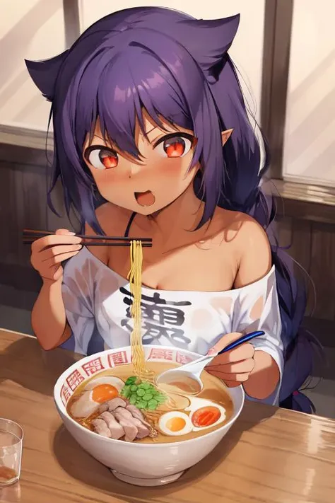 absurdres, highres, ultra detailed, jahy, <lora:ch_jahy_REG_768_1.0e-4:1>, ramen, chopsticks, <lora:ramen_v1.2:1> <lora:GoodHands-beta2:1>