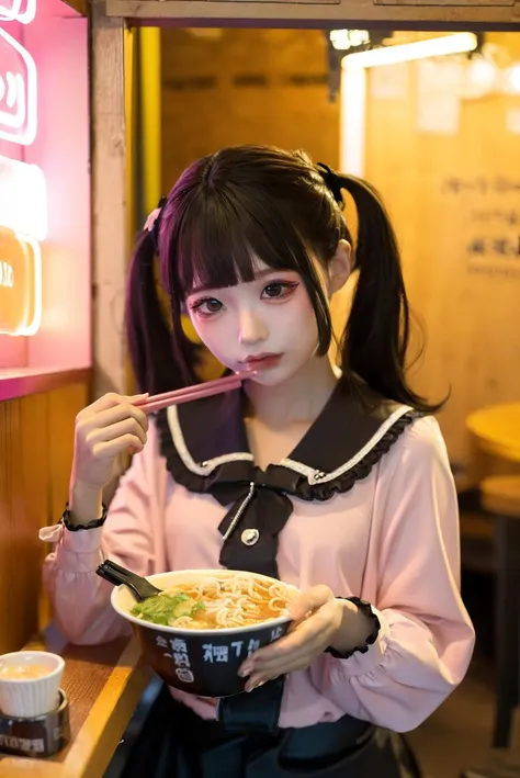 <lora:betterrameneating_11:1>, <lora:LoraLandmineGirlFashion_v20:0.8>, <lora:chunmomoLoraOnlyface_chunmmonlyface:0.8>, 8k, (masterpiece), (best quality), ultra high res, extreme_detail, (photorealistic:1.4),
1 young girl, solo, chunmomo, (jirai fashion with pink blouse and black mini skirt:1.6), lace short sleeves,((twintails)), blunt bangs, black hair with pink highlights, detailed face, realistic, (skinny), (small head:1.4), (slender), ((ramen, eating ramen with chopsticks, noodles)),
((upper body)), head focus,
((night)), neon cherry blossom, restaurant in tokyo, cityscape, neon, ((atmospheric neon light)),