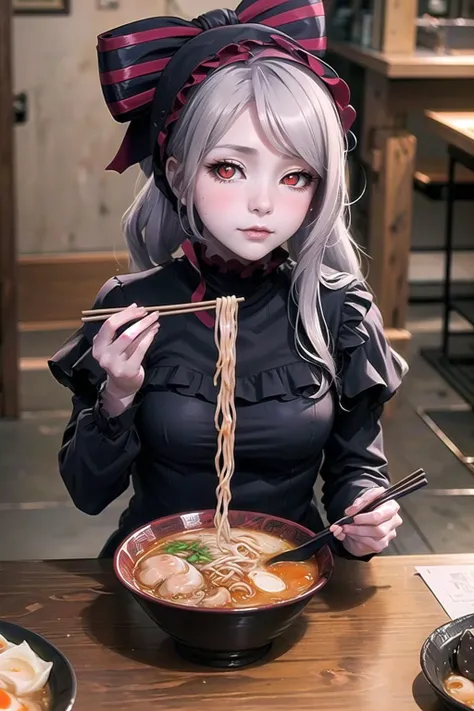 official art, unity 8k wallpaper, ultra detailed, beautiful and aesthetic, beautiful, masterpiece, best quality, portrait, (finely detailed beautiful eyes: 1.2), shalltear, petite, cute, medium breasts, pale skin, (glowing red eyes:1.1), long gray hair, ponytail, (bonnet, hair bow:1.2), (black dress with red frills:1.1), (long sleeves), captivating pose, half-closed eyes, blush, (looking at viewer), ((ramen)), chopstick, tavern, <lora:ramen_v3:1> <lora:SHALLTEAR:0.7>