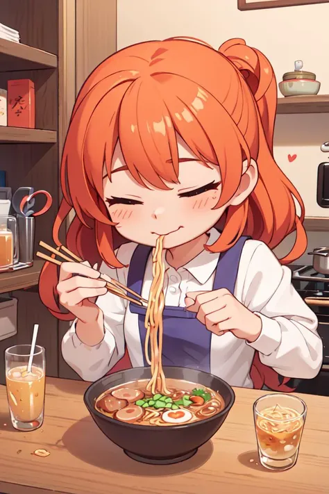 (masterpiece, best quality), 1girl, solo, cute face, kawaii, ramen, chopsticks, drinking glass, eating, heart, happy, closed eyes, closed mouth, <lora:ramen_v1.4:1>, kitchen,