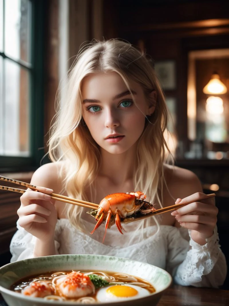 (2 girls) (two 18 y.o Swedish girls mysterious slender beautiful stunning alluring shy),<lora:ramen_v1.4:0.8> holding chopsticks, eating ramen, multiple large bowls of steamy:1.5 steaming gigantic bowls of crab leg lobster ramen, sweaty oily skin, subtle smirk,looking directly at camera, perfect slender face,narrow jaw,best quality, professional lighting, super detailed, realistic,steamy delicious huge bowls of octopus lobster claw fried egg nori in ornate fine porcelain bowls, upper body,beautiful detailed green eyes,golden long blonde hair,blonde eyebrows, smoky eyeshadow, wearing white lacey string transparent translucent tubetops,bare shoulders, sunburnt faces, , rustic wooden table top, fancy museum with paintings on walls, bokeh, strong sunlight from window,(snowing outside window):1.3,blizzard outside window,God rays, backlit hair, 2000s vintage RAW photo, photorealistic, film grain, candid camera, color graded cinematic, eye catchlights, atmospheric lighting, macro shot, skin pores, imperfections, natural, shallow dof