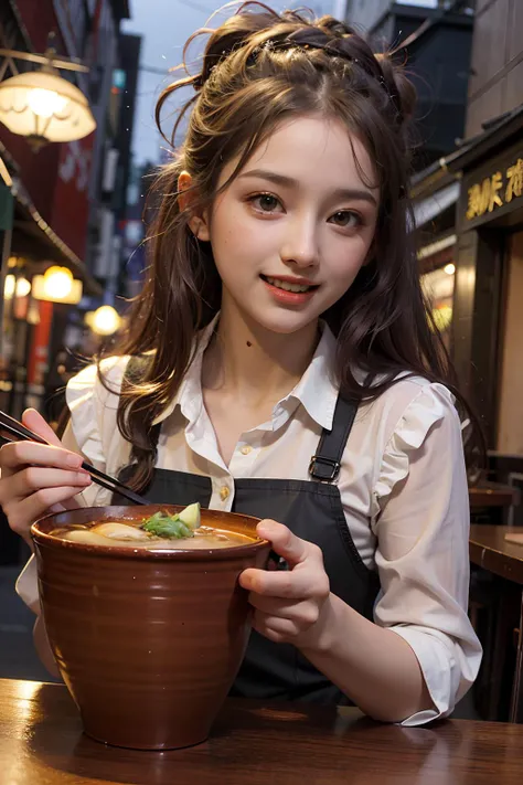 (masterpiece), best quality, ultra high res, close up, slim body, 1girl, school uniform, long hair, laughing, ramen, night, Tokyo restaurant background, outdoors, colorful lights, photon mapping, radiosity, physically-based rendering, cinematic lighting, intricate, High Detail, Sharp focus, dramatic, photorealistic