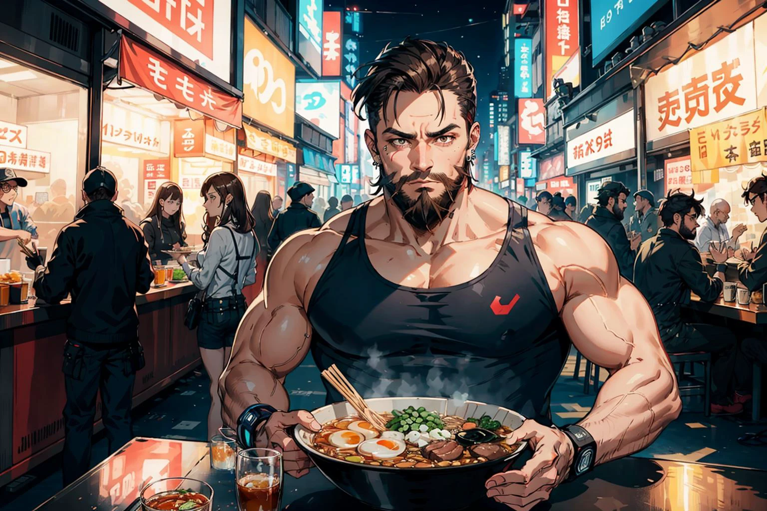 "portrait of a muscular man eating ramen with chopsticks" futuristic clothing, 5 fingers, perfect hands, anatomically correct hands, (thick beard:1.1), brown hair, (black eyes:1.1), hair brushed back, sleeveless tank top, ear piercings, frowning at viewer, cyberpunk, futuristic, dystopian, Neo-Tokyo, night, neon, dynamic composition, masterpiece, best quality, detailed, sharp image, <lora:Cyberpunk 2077:0.2> <lora:ramen_v1.4:1>