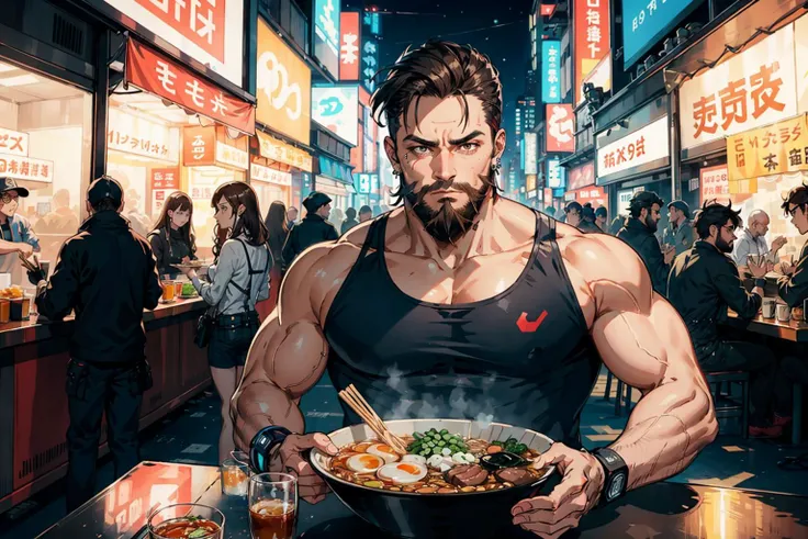 "portrait of a muscular man eating ramen with chopsticks" futuristic clothing, 5 fingers, perfect hands, anatomically correct hands, (thick beard:1.1), brown hair, (black eyes:1.1), hair brushed back, sleeveless tank top, ear piercings, frowning at viewer, cyberpunk, futuristic, dystopian, Neo-Tokyo, night, neon, dynamic composition, masterpiece, best quality, detailed, sharp image, <lora:Cyberpunk 2077:0.2> <lora:ramen_v1.4:1>