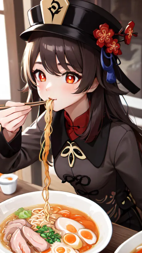 best quality, masterpiece,4k 8k wallpaper, <lora:ramen_v3:1> , ((eating ramen)), chopstick, <lora:hutao1:0.9> hutaodef, ((small breasts))