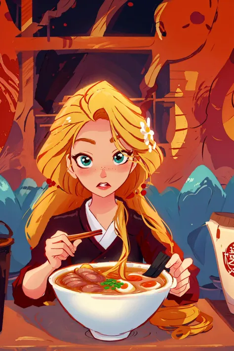 ramen,chopsticks<lora:Rapunzel_v22:1>Rapunzel <lora:ramen_v1.2:1>