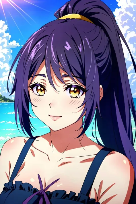 <lora:Tang Xuan:1> Tang Xuan, 1girl, solo, anime coloring, long hair, day, ponytail, yellow eyes, collarbone, outdoors, sky, looking at viewer, purple hair, high ponytail, cloud, blue sky, bangs, portrait, parody, upper body hour glass body, smile, ((Purple Sundress)) ((Extremely Detailed)), ((Best Quality)), ((Masterpiece)), ((4k))