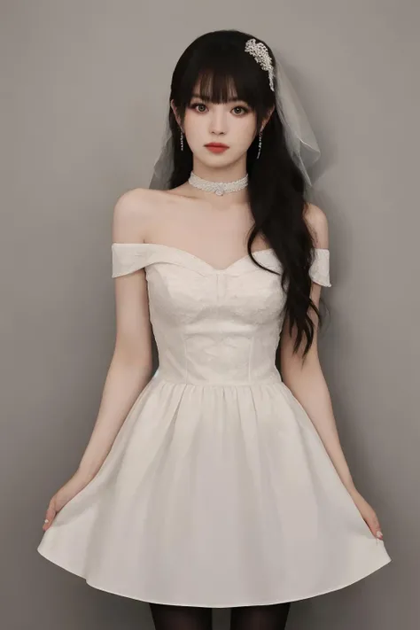 1girl, cowboy shot, wedding dress, bridal veil, white pantyhose, off shoulder, choker, looking at viewer, simple background,
<lora:txw_v1:0.73>