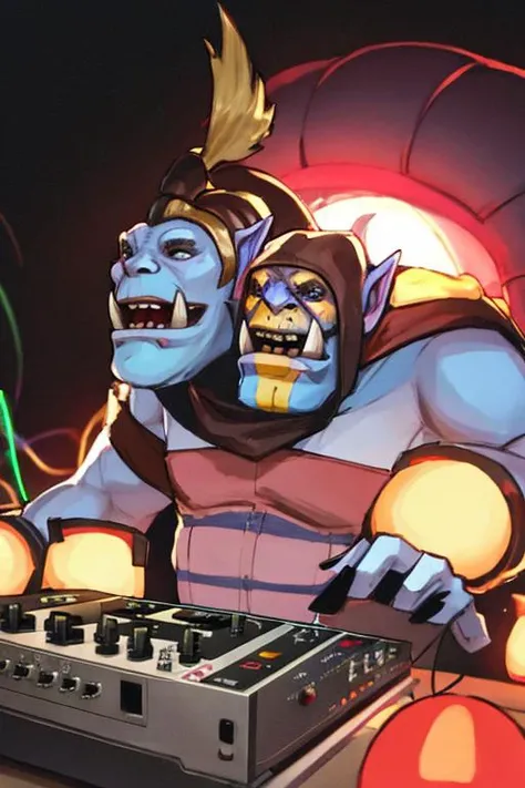 highres, 8k, ogremagi, multiple heads,<lora:Ogremagi:0.8>, working as a dj