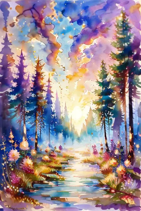 <lora:ArsMJStyle_-_Watercolor:1.2> Landscape, stunning sunset, magical forest, golden hour, whimsical