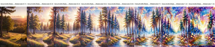 <lora:ArsMJStyle_-_Watercolor:0.1> Landscape, stunning sunset, magical forest, golden hour, whimsical