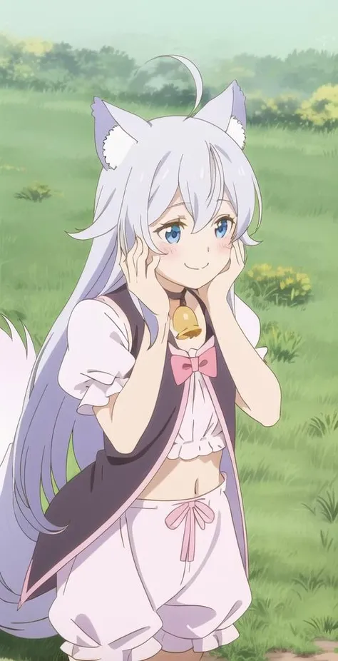 Noela, 1girl, solo, upper body, portrait, grass field, hands on face, smile, blush, bloomers, open shirt, black vest, bell, short sleeves, choker, puffy sleeves, ahoge, animal ears, very long hair, tail, perfect quality, good quality, masterpiece, HDR, UHD <lora:Noela:0.8>