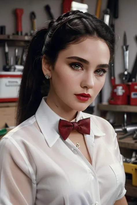 <lora:jenniferconnelly-v2:0.5>,jenniferconnelly, photo of a woman, ((ponytail):1.1) ((bowtie, white shirt):1.2), ((garage, tools, workbench):1.2),((red lipstick, eyeliner, eye shadow, blush)), ((best quality, masterpiece, extreme details, high resolution):1.2),((detailed eyes, beautiful eyes, detailed face, beautiful face):1.2)