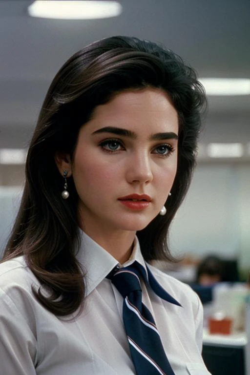 <lora:jenniferconnelly-v2:0.5>,jenniferconnelly, ,photo of a woman, , perfect hair, beautiful perfect skin, ((busy office)), (modern photo, necktie, shirt), 24mm, (analog, cinematic, film grain:1.3), , detailed eyes, (upper body), (looking at viewer), earrings, (eyeliner, eyelashes)