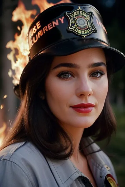 <lora:jenniferconnelly-v2:0.5>,jenniferconnelly, , photo of a woman, ((outdoors, fire, at night)),((firefighter uniform, firefighter hat)) smiling, (lipstick, blush, eye shadow), ((best quality, masterpiece, extreme details, high resolution):1.2),((detailed eyes, beautiful eyes, detailed face, beautiful face):1.2)