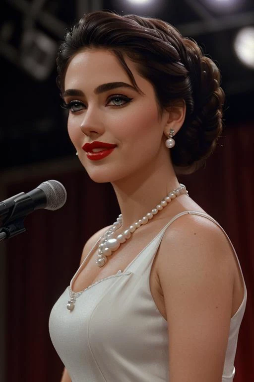 <lora:jenniferconnelly:0.5>, ,jenniferconnelly, photo of a woman, ((fancy dress, pearl necklace, fancy updo, hair up):1.1), ((on stage, spotlights):1.2), ((red lipstick, makeup)), (smile), ((best quality, masterpiece, extreme details, high resolution):1.2),((detailed eyes, beautiful eyes, detailed face, beautiful face):1.2)