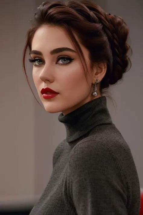 <lora:jenniferconnelly:0.5>, ,jenniferconnelly, photo of a woman, ((dark red hair, hair up, hair in bun)), ((turtleneck sweater)), ((conference room)),((red lipstick,eyeliner, eye shadow, blush)), ((best quality, masterpiece, extreme details, high resolution):1.2),((detailed eyes, beautiful eyes, detailed face, beautiful face):1.2)