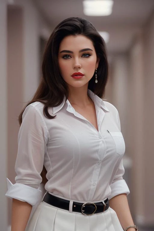<lora:jenniferconnelly:0.5>, ,jenniferconnelly, photo of a woman, ((beautiful dark brown hair, short hair)) ((necktie, white shirt, skirt):1.2), (smug, horny), ((cowboy shot, waist, hips, thighs):1.2),((walking, office, hallway):1.2),((red lipstick,heavy eyeliner, heavy eye shadow, blush):1.2), ((best quality, masterpiece, extreme details, high resolution):1.2),((detailed eyes, beautiful eyes, detailed face, beautiful face):1.2)
