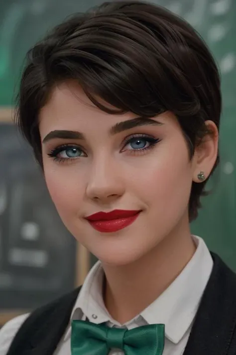 <lora:jenniferconnelly:0.5>, ,jenniferconnelly, photo of a woman, ((shirt, pixie cut, bowtie):1.1), ((classroom, chalkboard)), ((red lipstick, makeup)), (smile), ((best quality, masterpiece, extreme details, high resolution):1.2),((detailed eyes, beautiful eyes, detailed face, beautiful face):1.2)