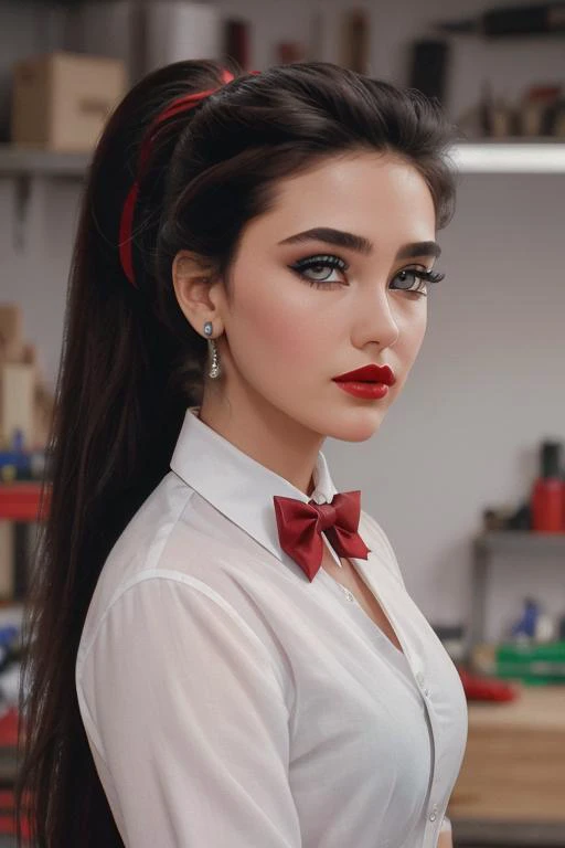<lora:jenniferconnelly:0.5>, ,jenniferconnelly, photo of a woman, ((ponytail):1.1) ((bowtie, white shirt):1.2), ((garage, tools, workbench):1.2),((red lipstick, eyeliner, eye shadow, blush)), ((best quality, masterpiece, extreme details, high resolution):1.2),((detailed eyes, beautiful eyes, detailed face, beautiful face):1.2)