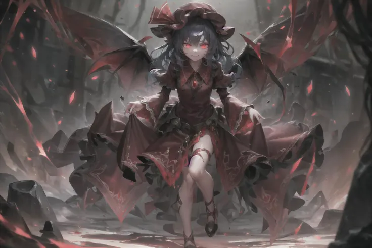 masterpiece, best quality, highres, ultra-detailed, <lora:remilia:0.8> 1girl, blue hair, mob cap, glowing red eyes, wings,ribbon, flat chest, mob hat, smile, crimson red gothic dress, bowing, <lora:BloodMagic-20:0.9> bloodmagic, full body