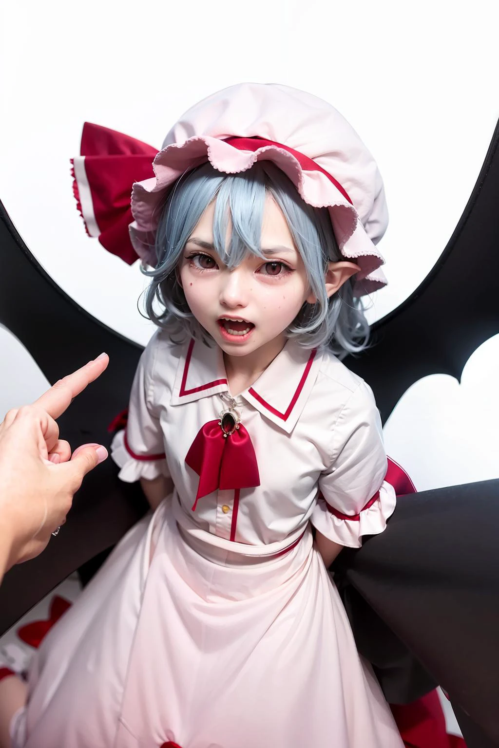 masterpiece, best quality, <lora:remilia:1>,remilia scarlet, 1girl, hat, red eyes, mob cap, fangs, wings, open mouth, pointy ears, pov, blue hair, bat wings, looking at viewer, hat ribbon, blush, short hair, hair between eyes, jewelry, short sleeves, ribbon, solo focus, 1boy, red ribbon, white background, bangs, shirt, shirt grab, brooch, simple background, black shirt, tears, puffy short sleeves, puffy sleeves, dress, slit pupils, pov hands, pink headwear, gradient background, from above, gradient, white headwear, skin fangs