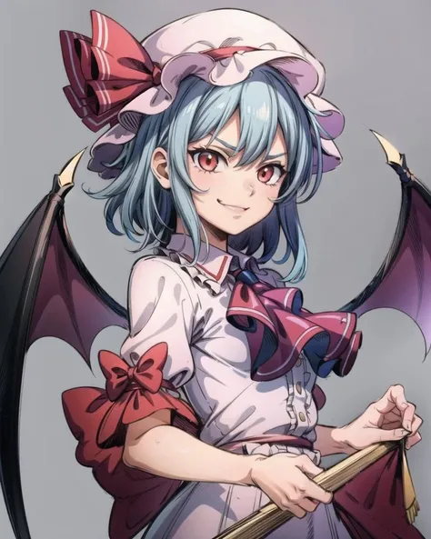 <lora:remilia:1>,1girl,pink dress,mob cap,ribbon,blue hair,red eyes,evil smile,bow,ascot, bat wings,grey background, (kbxll:0.8), <lora:add_detail:1>, masterpiece, best quality, Eizan Kikukawa, official art, a character portrait, rococo