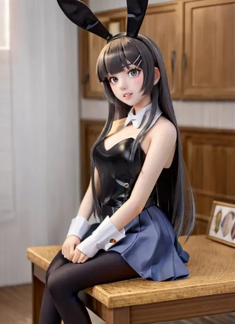 Mai Sakurajima, 1girl, solo, long hair, looking at viewer, bangs, skirt, black hair, brown eyes, sitting, pantyhose, indoors, black eyes, lips, black pantyhose , <lora:mayi_cosplay_v1:0.7>